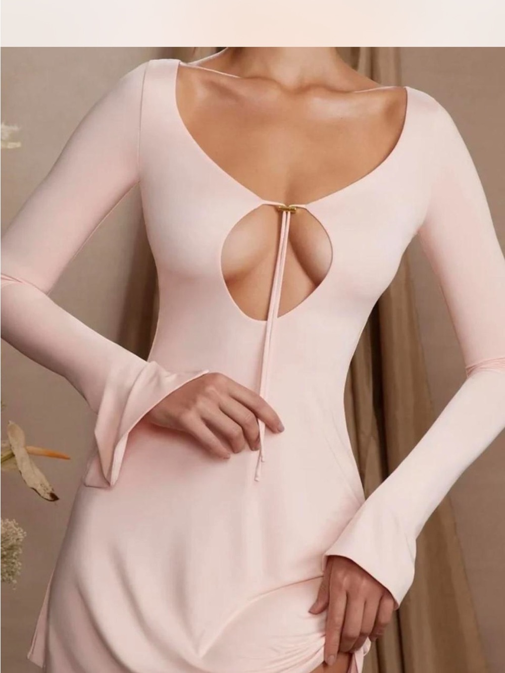 Oh Polly Blush Long Sleeve Mini Dress with Plunge Keyhole